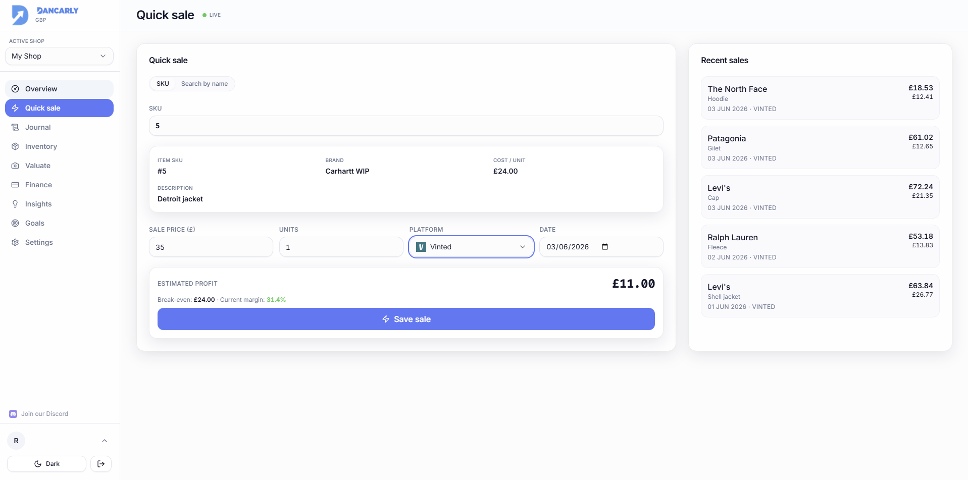 The Quick Sale form