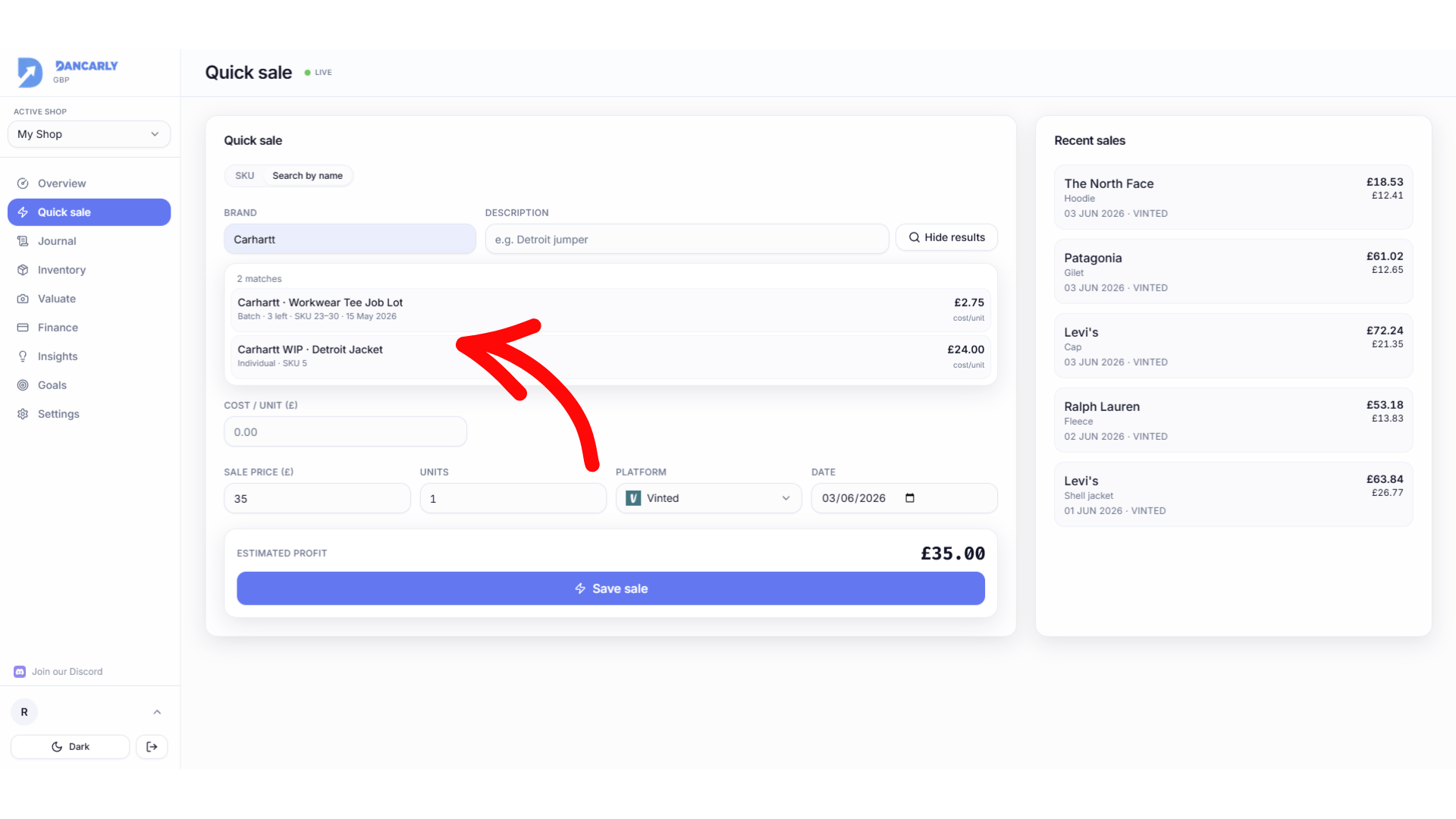 Quick Sale search results showing two batches with different dates and costs