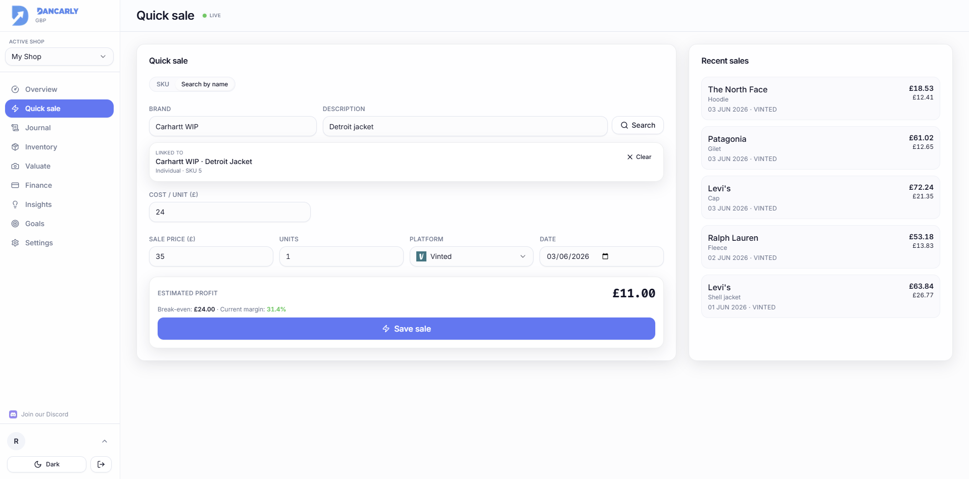 Entering sale price, units and platform with the profit and margin preview