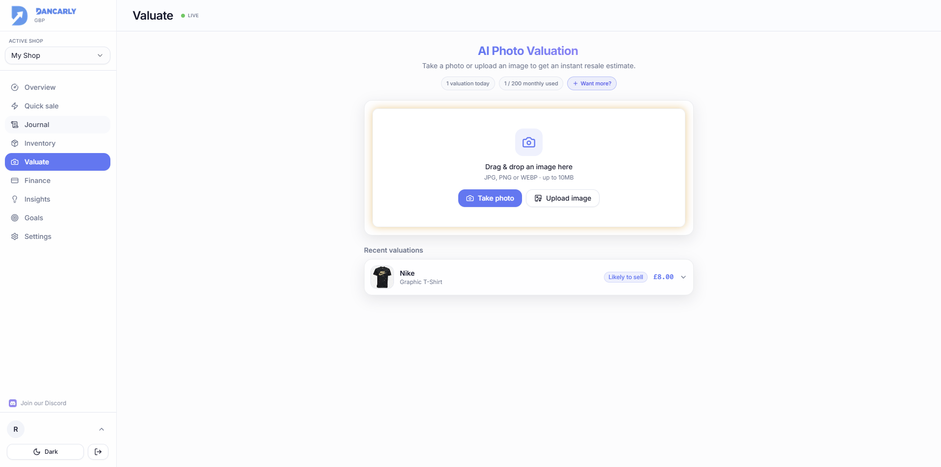 The AI Photo Valuation result screen