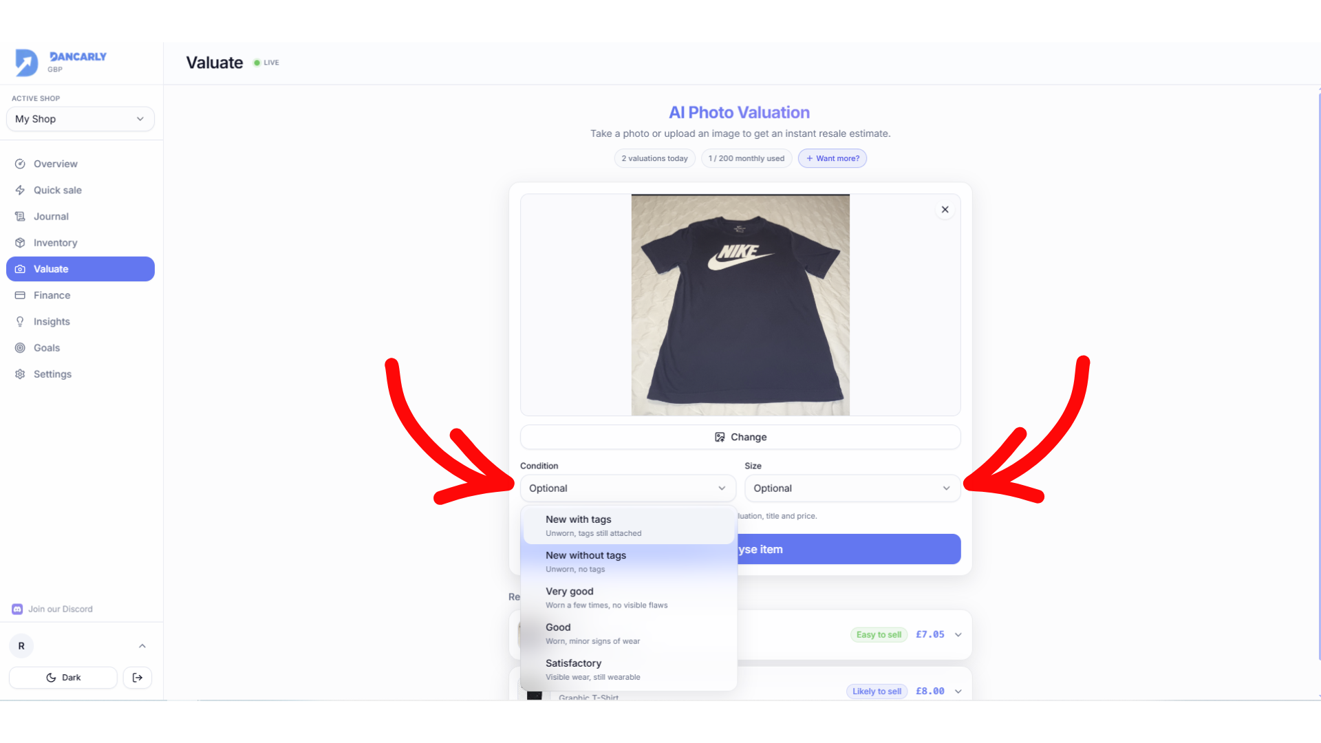 The optional Condition and Size dropdowns on AI Valuation