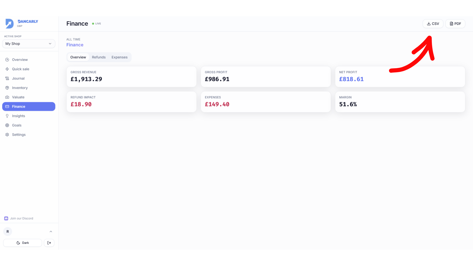 The CSV and PDF export options in Finance