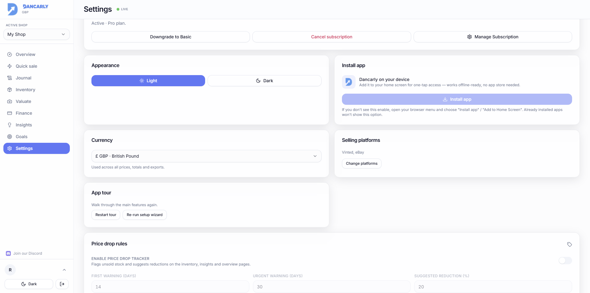 The Settings page showing selling platforms and currency