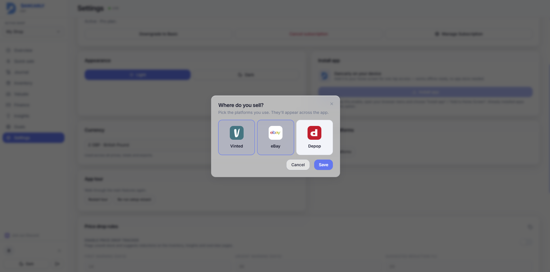 The 'Where do you sell?' platform picker