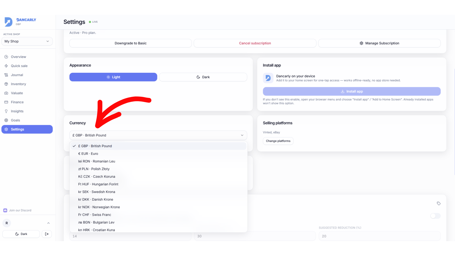 The currency selector in Settings