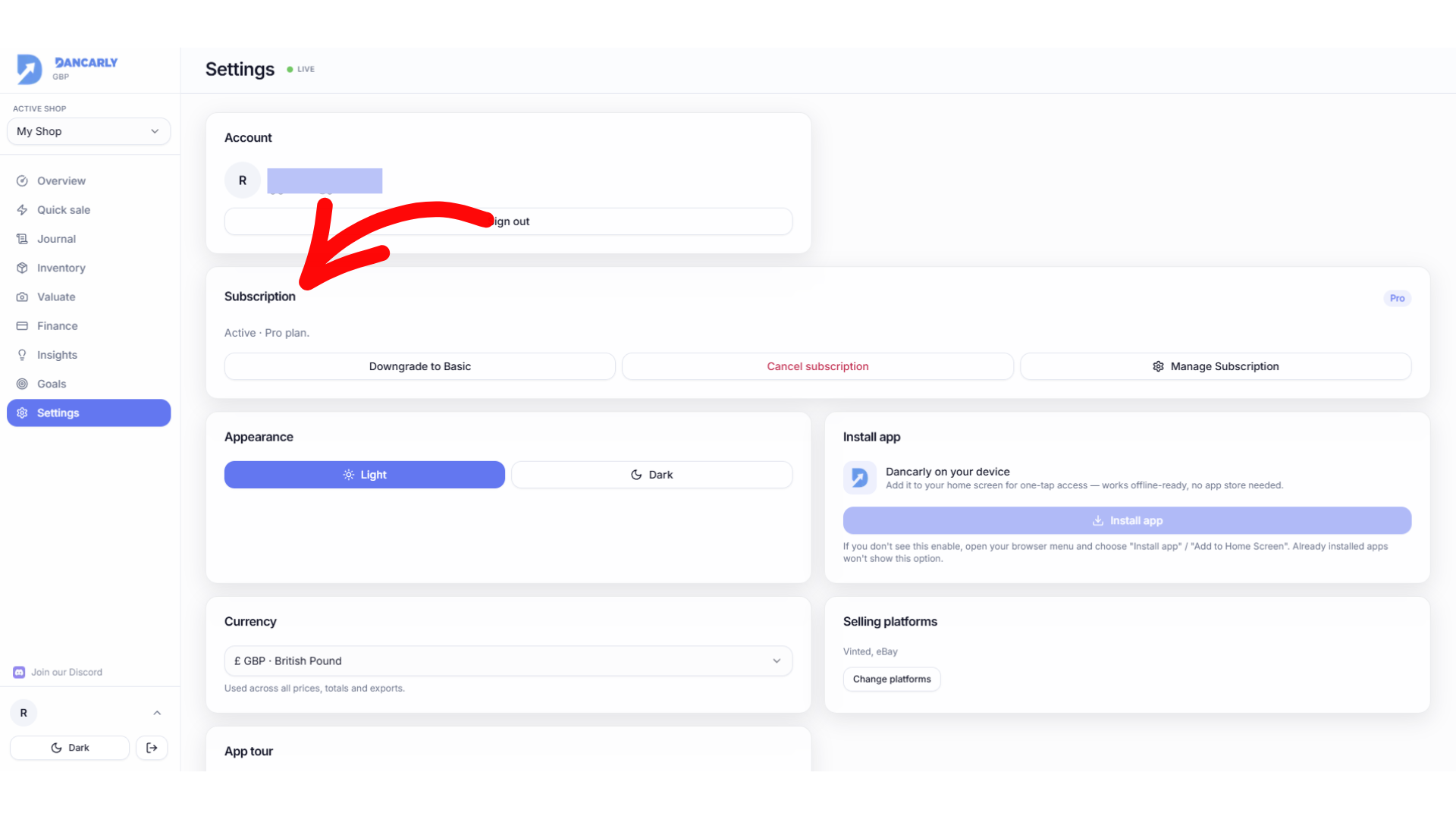 Settings, Manage subscription screen