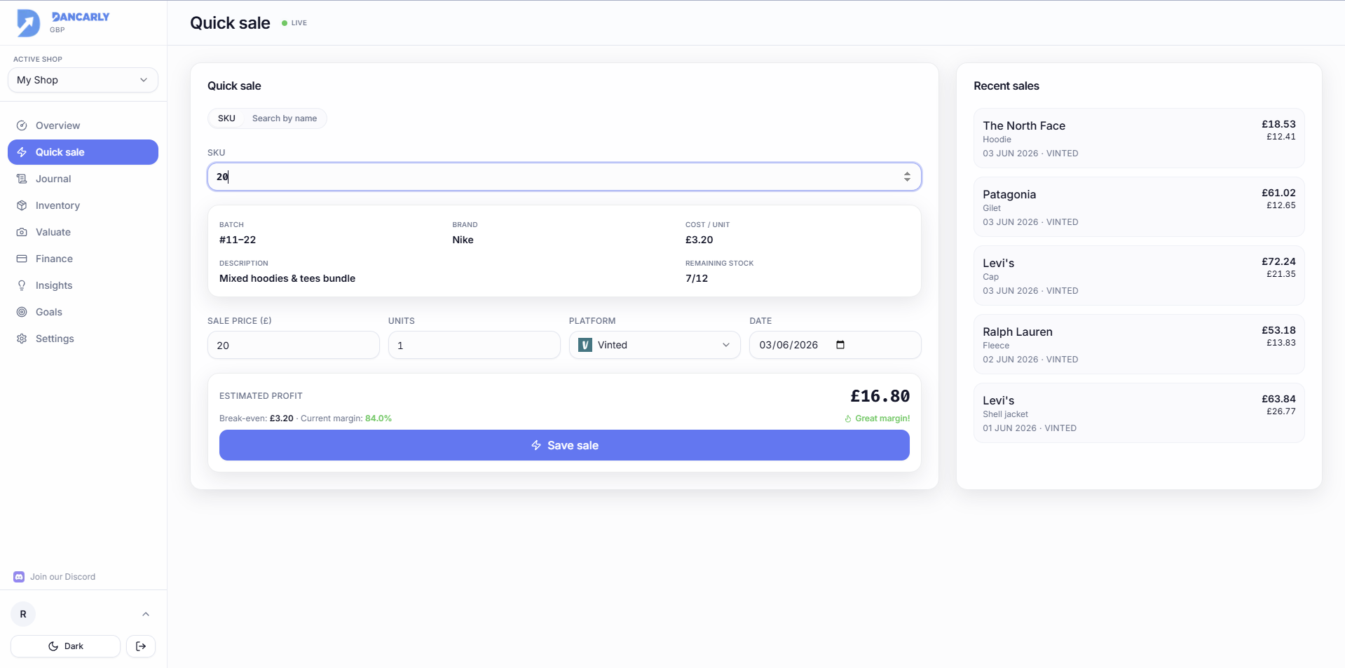 Logging a sale in Quick Sale with the live profit preview