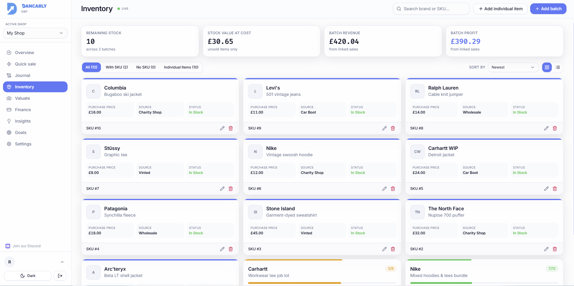 The Inventory page with individual items and batches in one combined list