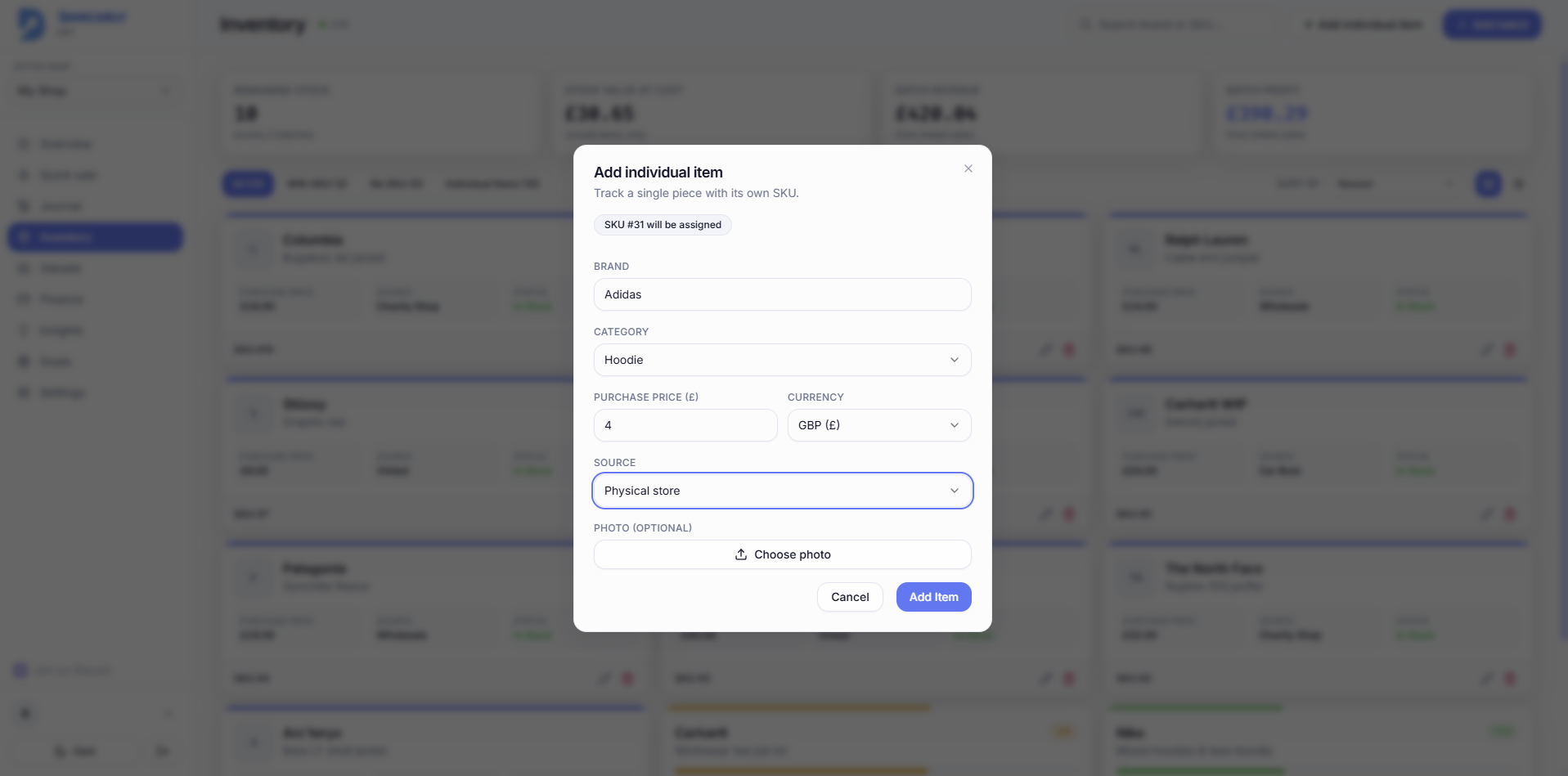 The Add individual item dialog